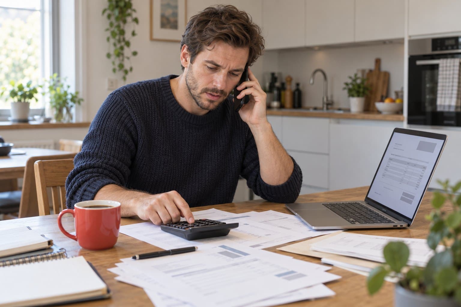 An independent recruiter alone at the kitchen table, with his phone, a calculator and invoices