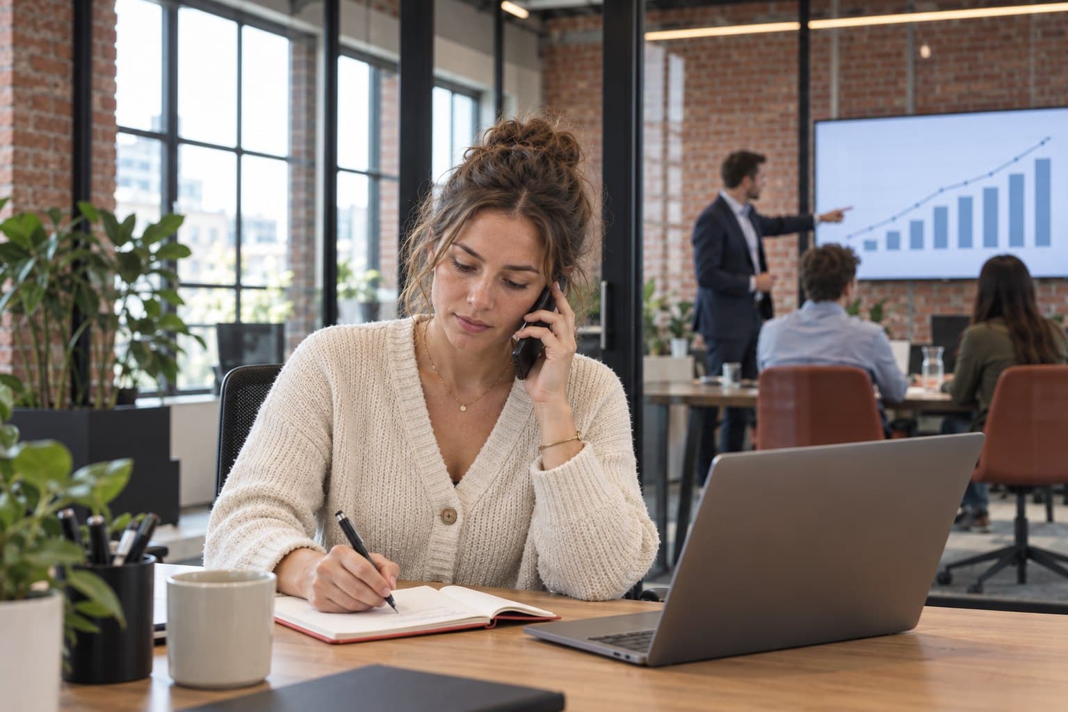 A recruiter on the phone at her desk while a manager points to the targets behind the glass