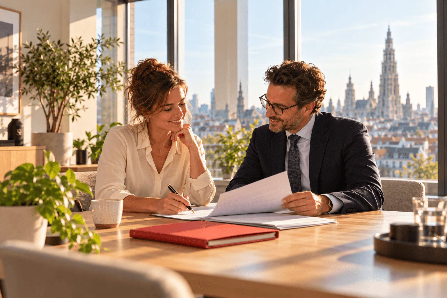 Recruiter overloopt lachend haar contract met een advocaat aan een eiken tafel, met de kathedraal van Antwerpen in de verte