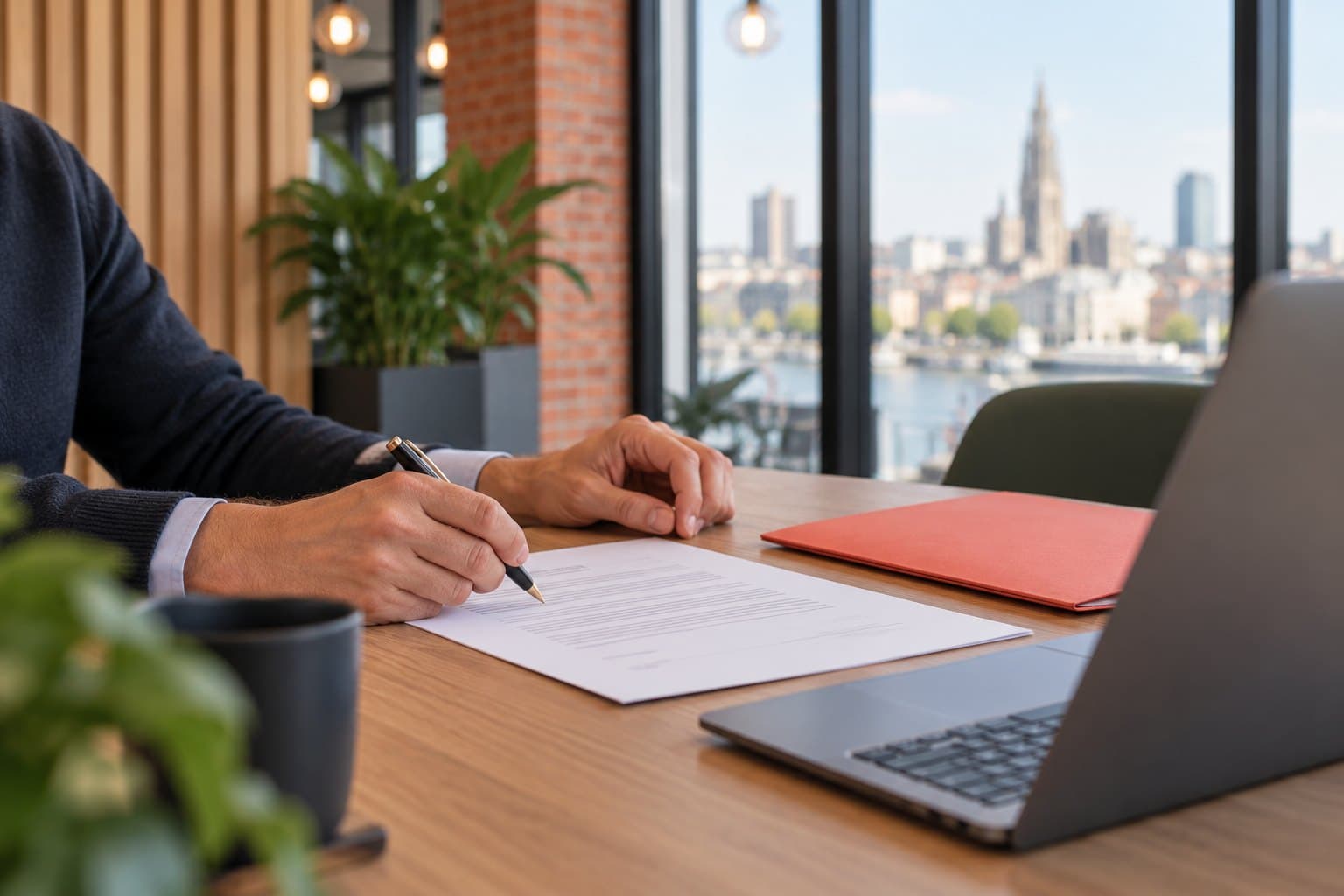 Een recruiter tekent een contract aan een tafel bij het raam, naast een rode map en een laptop