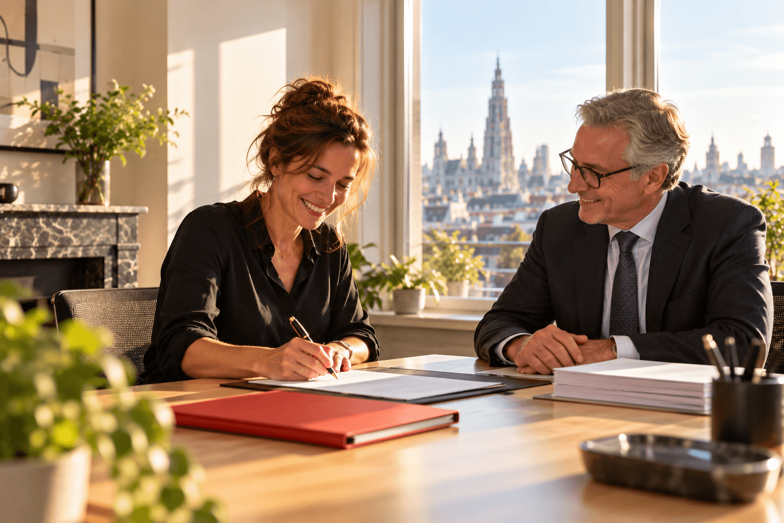 Recruiter tekent lachend de oprichtingsakte bij de notaris, met de kathedraal van Antwerpen in de verte