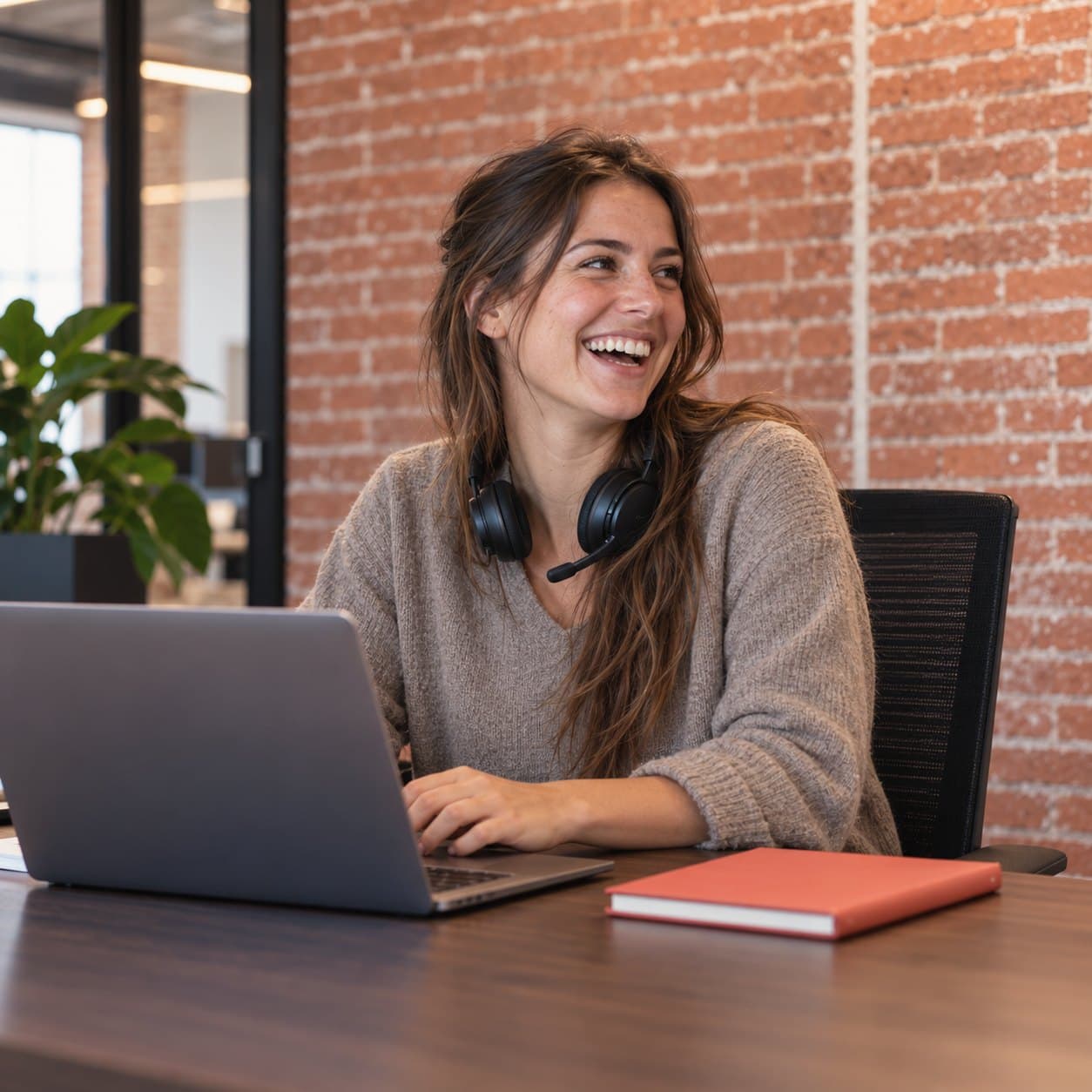 Een recruiter lacht aan haar bureau, met haar headset om haar nek