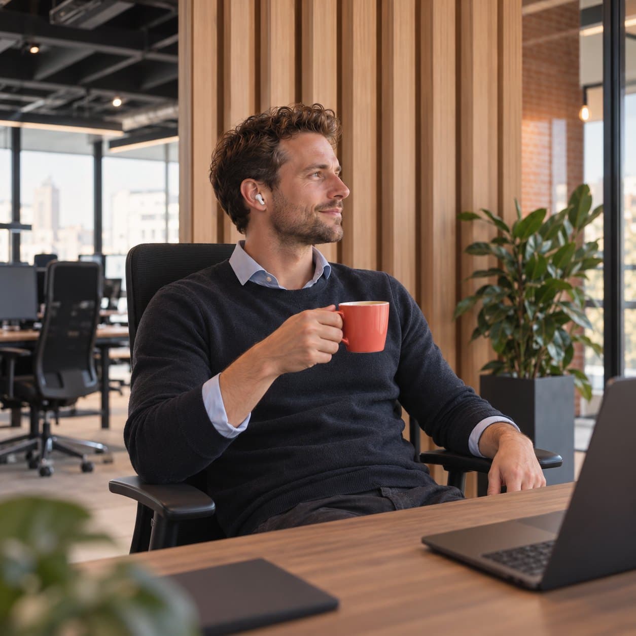 An independent recruiter leans back at his desk, with a coffee and a view of the city