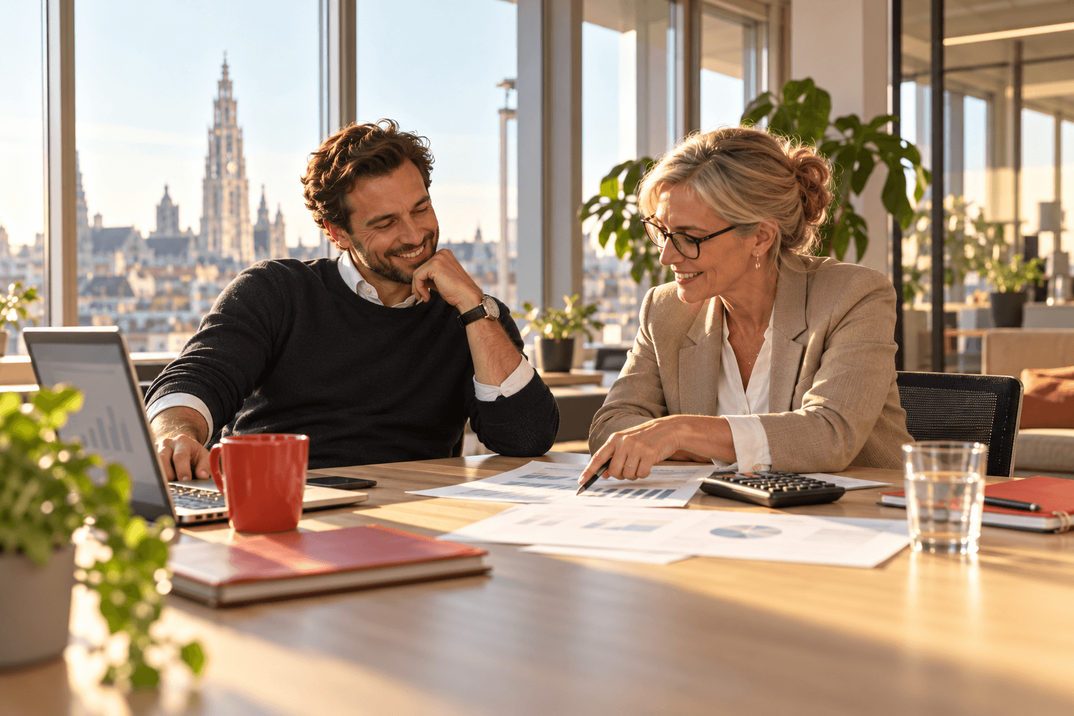 Recruiter en zijn boekhouder overlopen lachend de cijfers aan een tafel, met de kathedraal van Antwerpen in de verte