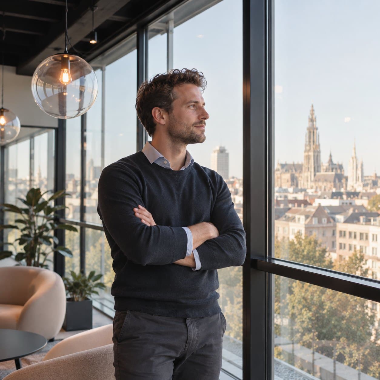 A recruiter with his arms crossed at the window, looking out over the city and the cathedral