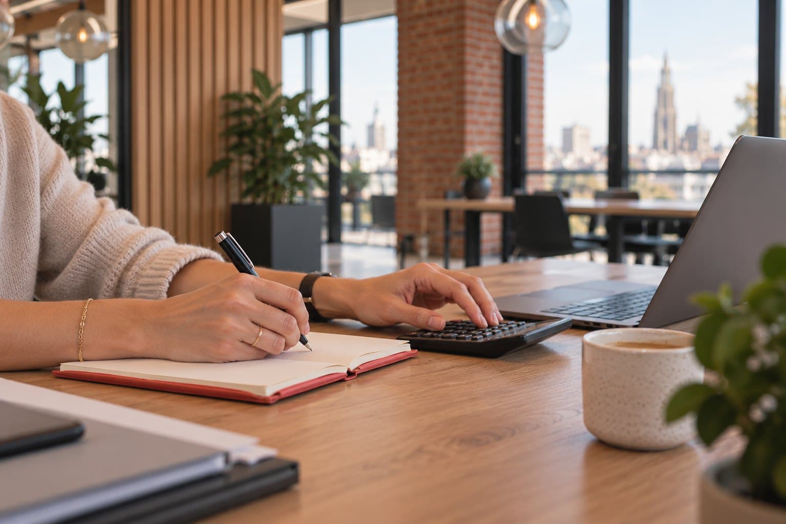 Een recruiter rekent met een rekenmachine en noteert in een rood notitieboek, aan een eiken bureau