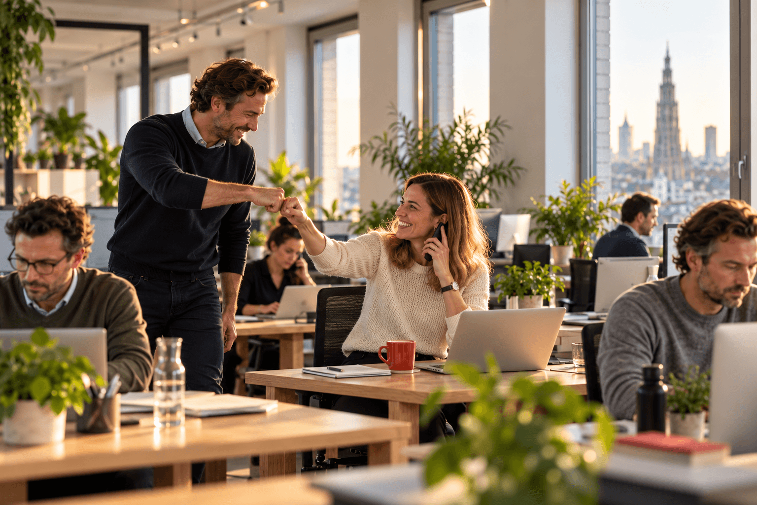Recruiter aan de telefoon krijgt een boks van een collega op een lichte salesvloer, met de kathedraal van Antwerpen in de verte