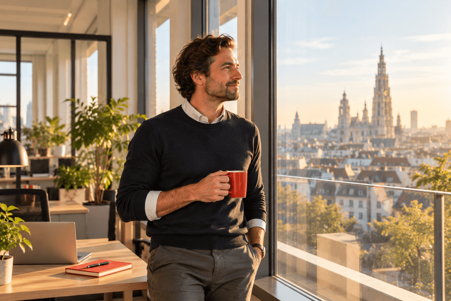 Recruiter met een kop koffie kijkt vanuit een kantoor uit over Antwerpen en de kathedraal