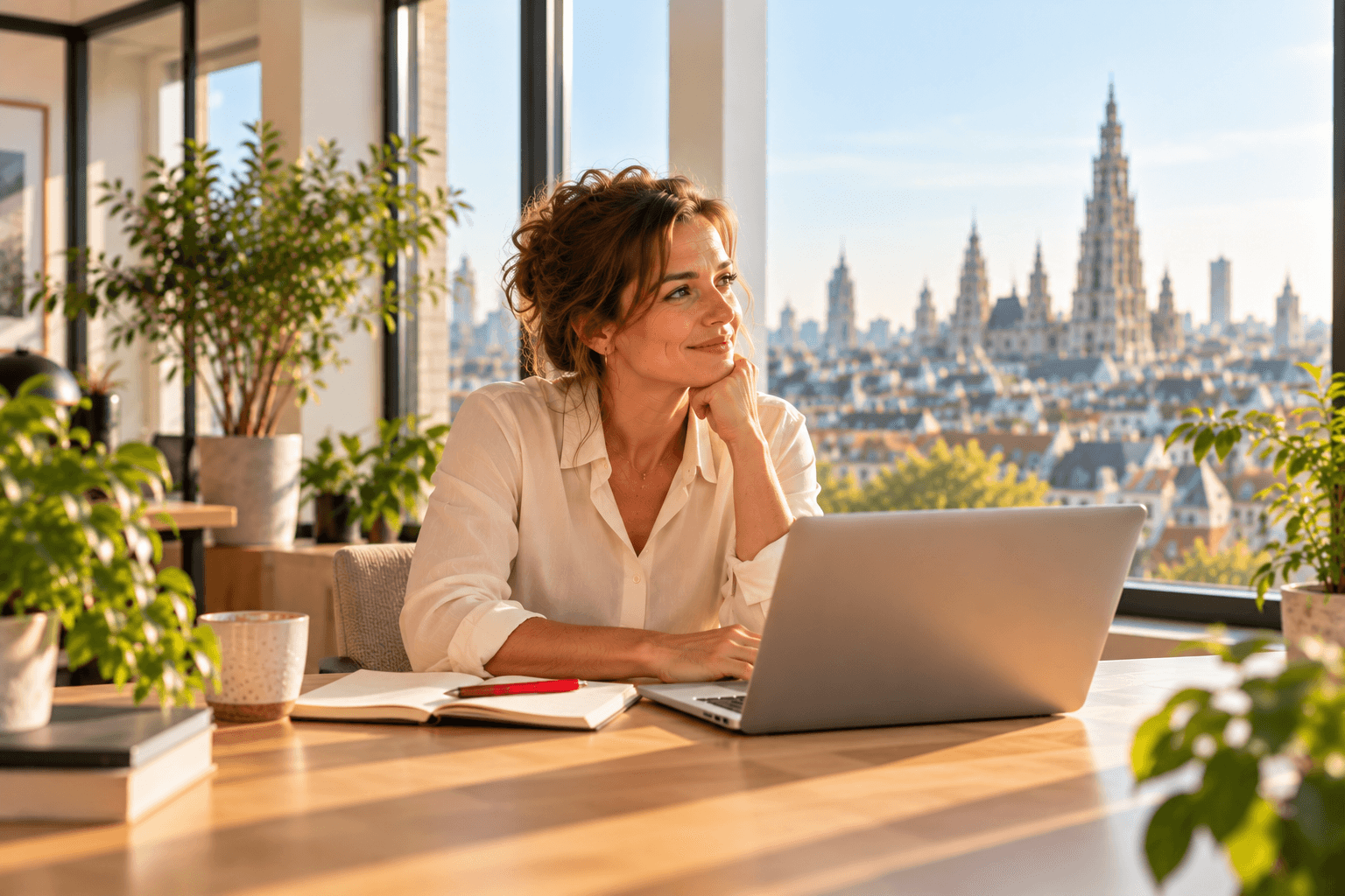 Recruiter kijkt nadenkend op van haar laptop aan een eiken tafel met een rode pen, met de kathedraal van Antwerpen in de verte