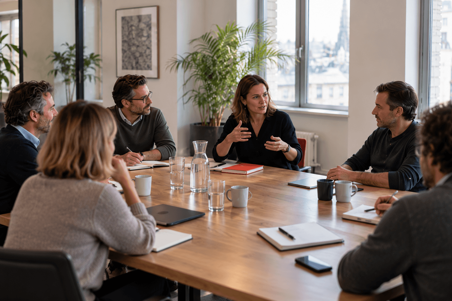 Senior recruiters in gesprek rond een houten tafel
