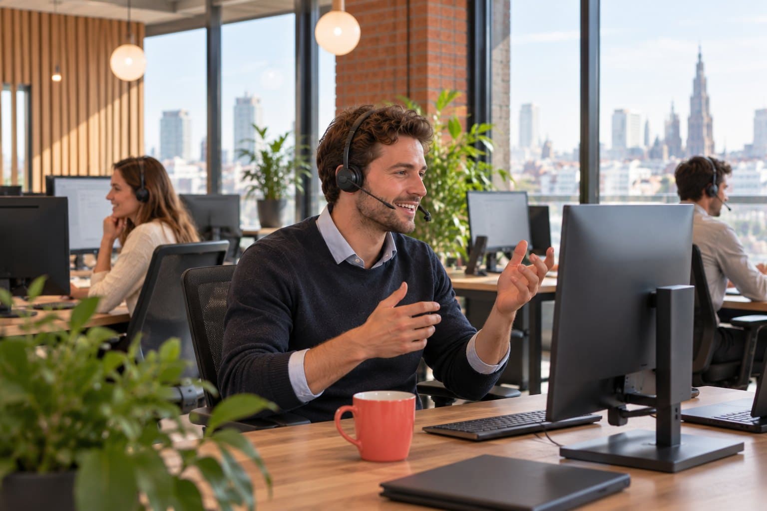 Een recruiter met een headset belt aan zijn bureau, met collega's aan de telefoon op de achtergrond