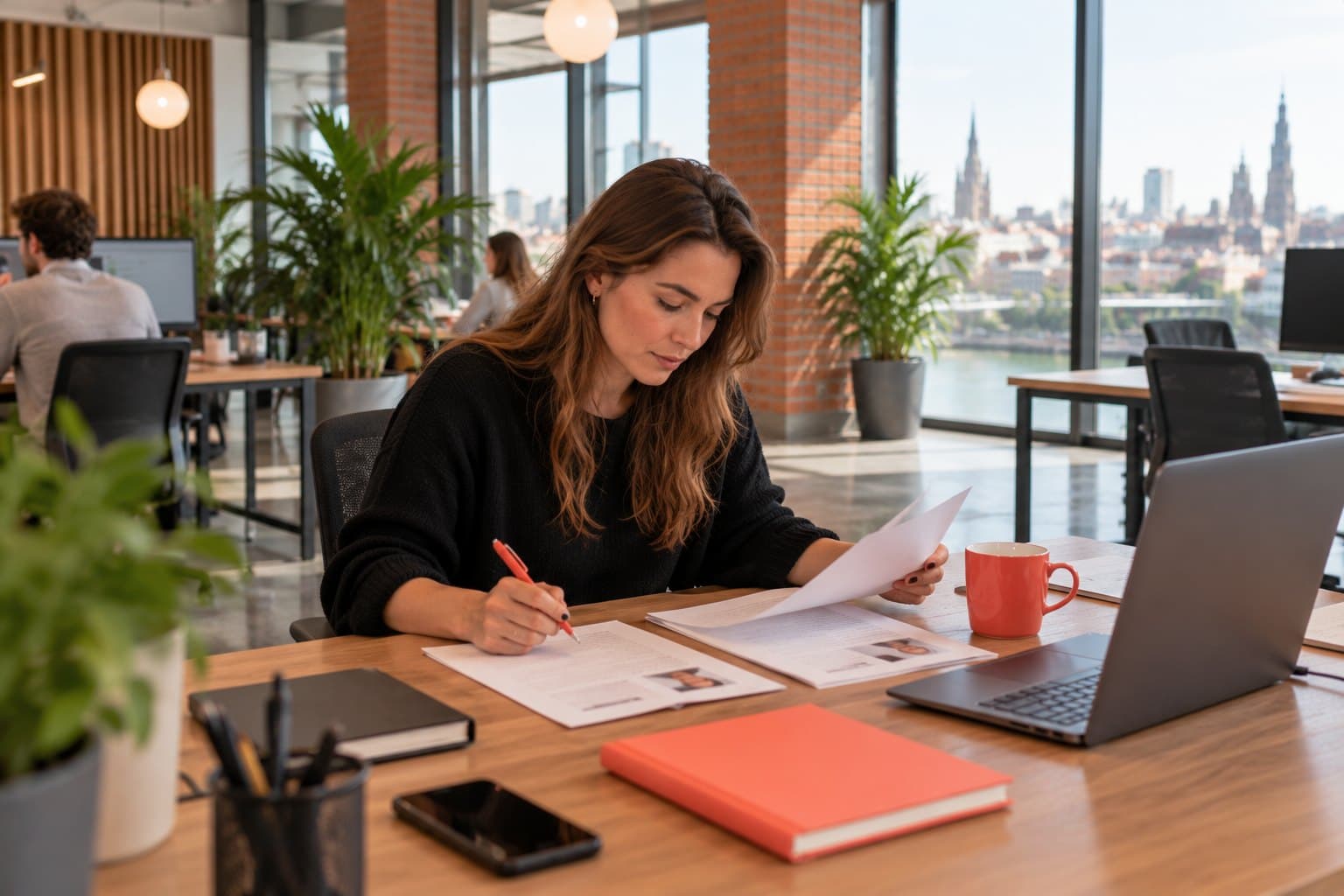 Een recruiter overloopt cv's en documenten aan haar bureau, met een rode pen