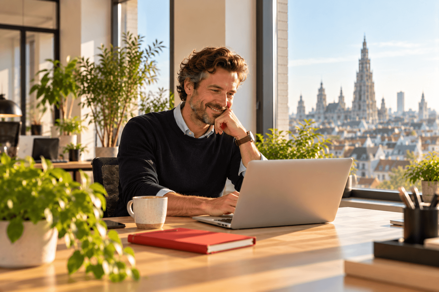 Recruiter kijkt lachend naar zijn laptop aan een eiken bureau, met de kathedraal van Antwerpen in de verte
