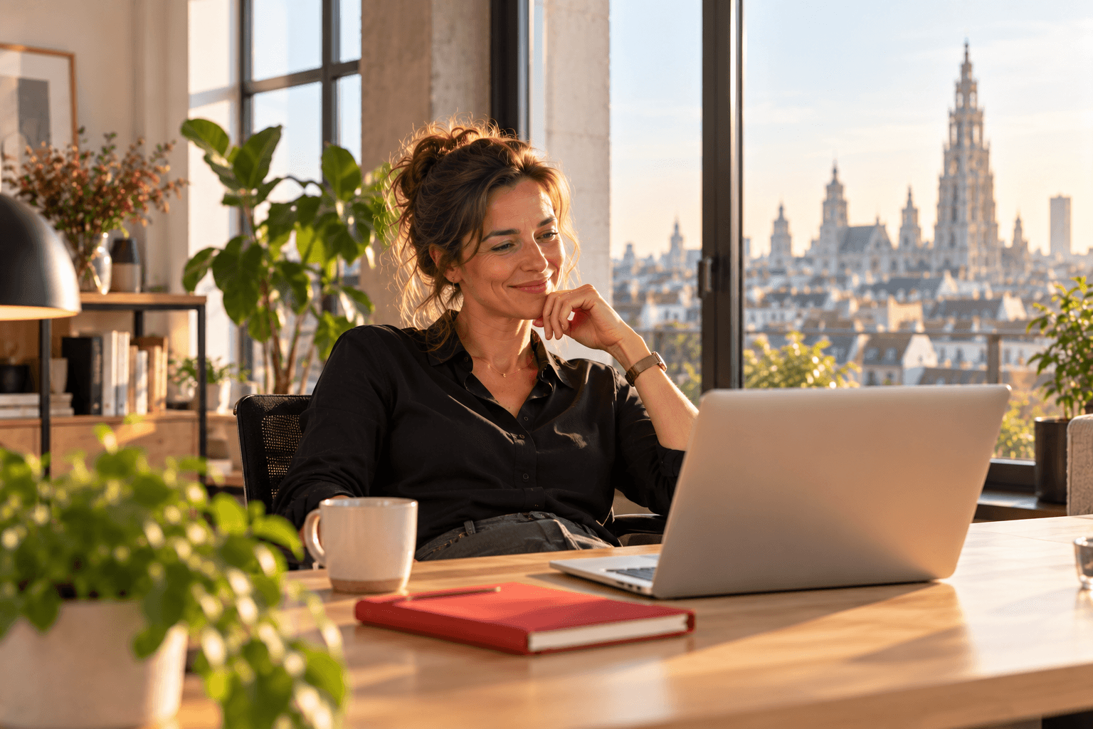 Zelfstandige recruiter kijkt tevreden naar haar laptop aan een eiken bureau, met de kathedraal van Antwerpen in de verte